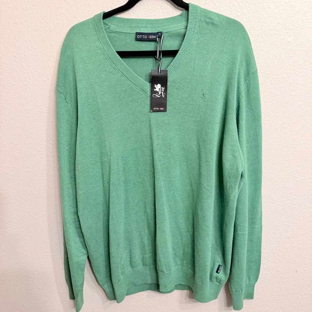 Otto Kern Mens Green V-Neck 100% Cotton Long Sleeve Sweater XXL B100446 NWT